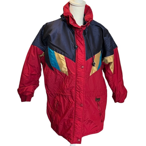 hot music Jackets & Blazers - VTG 80s hot music winter ski jacket red blue gold hood women large zipper winter